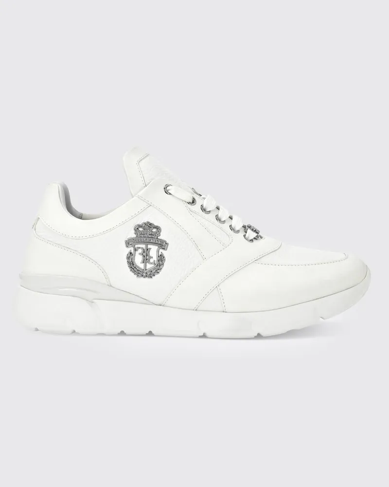 Billionaire Crest Runner Sneakers aus glattem und genarbtem Leder mit metallischem Logo Weiß