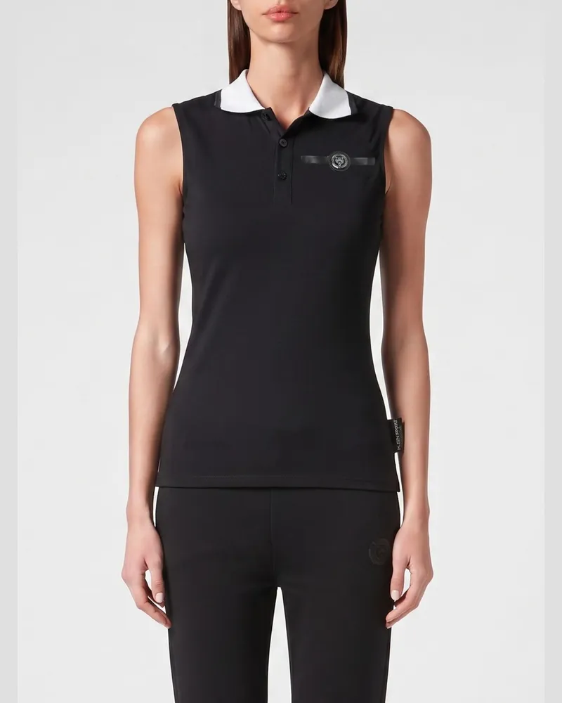 Philipp Plein Ärmelloses Slim Fit Jersey-Polohemd von mit kontrastierendem Logo Schwarz