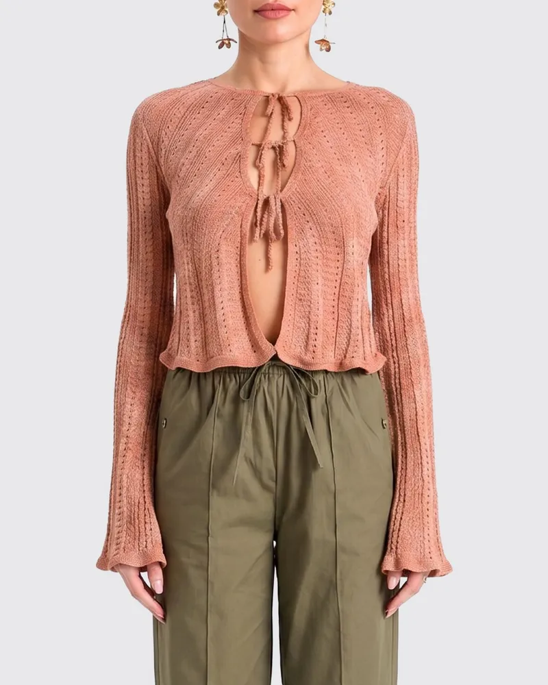 Twin-Set Cardigan aus Leinenmischung mit Rundhalsausschnitt und Bindevreschluss Lachs