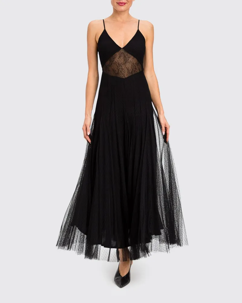 Twin-Set Langes Abendkleid von aus Tüll und Spitze mit V-Ausschnitt und schmalen Trägern Schwarz