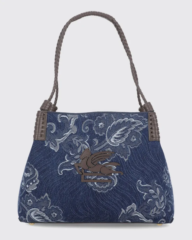 Etro Libra Schultertasche aus Baumwolldenim mit Blumendruck und Pegaso-Logo Blau