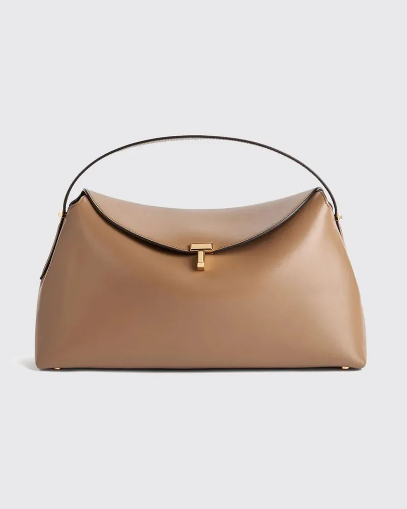 Totême T-Lock Handtasche aus Leder mit ausgestellter Form und Drehverschluss Camel