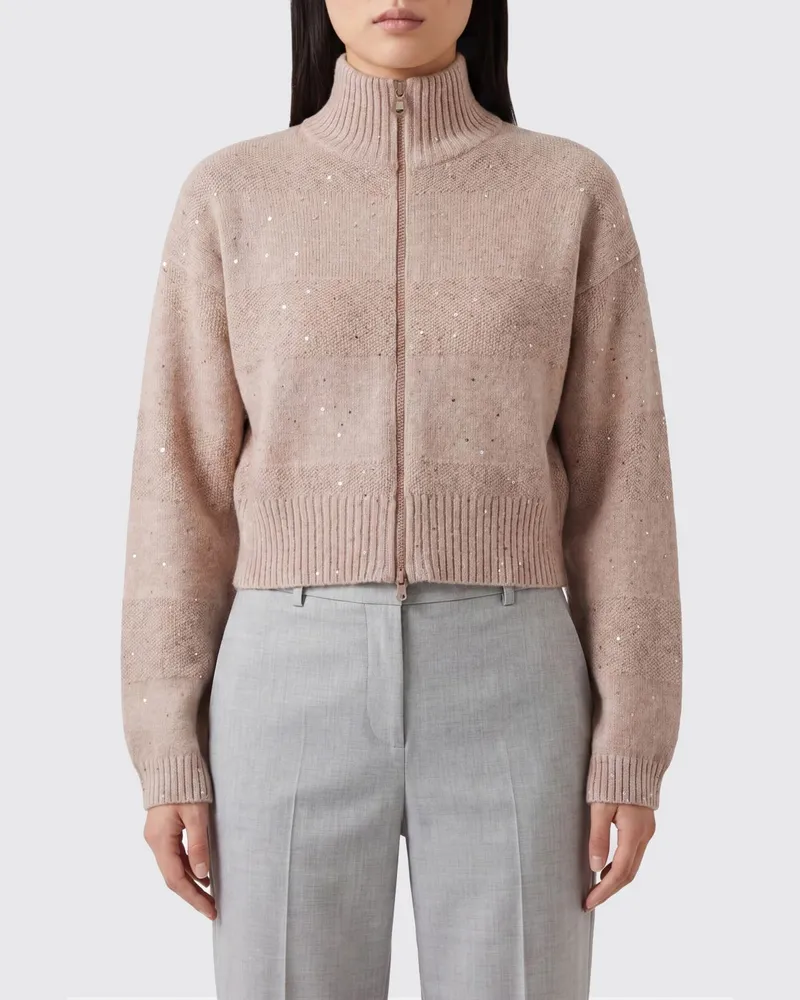 Brunello Cucinelli Rollkragen-Cardigan aus Baumwolle mit Reißverschluss und Paillettenstickerei Beige