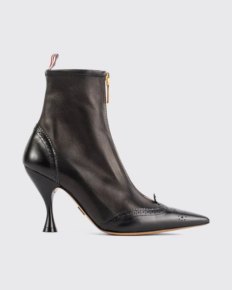 Thom Browne Wingtip Lederstiefeletten mit hohem Spulenabsatz und hinterer Flagge Schwarz