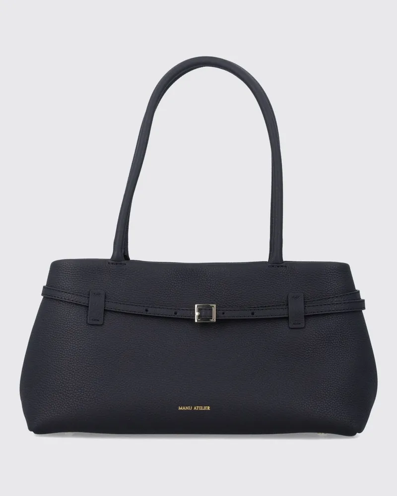 Manu Atelier Le Cambon East West Schultertasche aus genarbtem Kalbsleder Schwarz