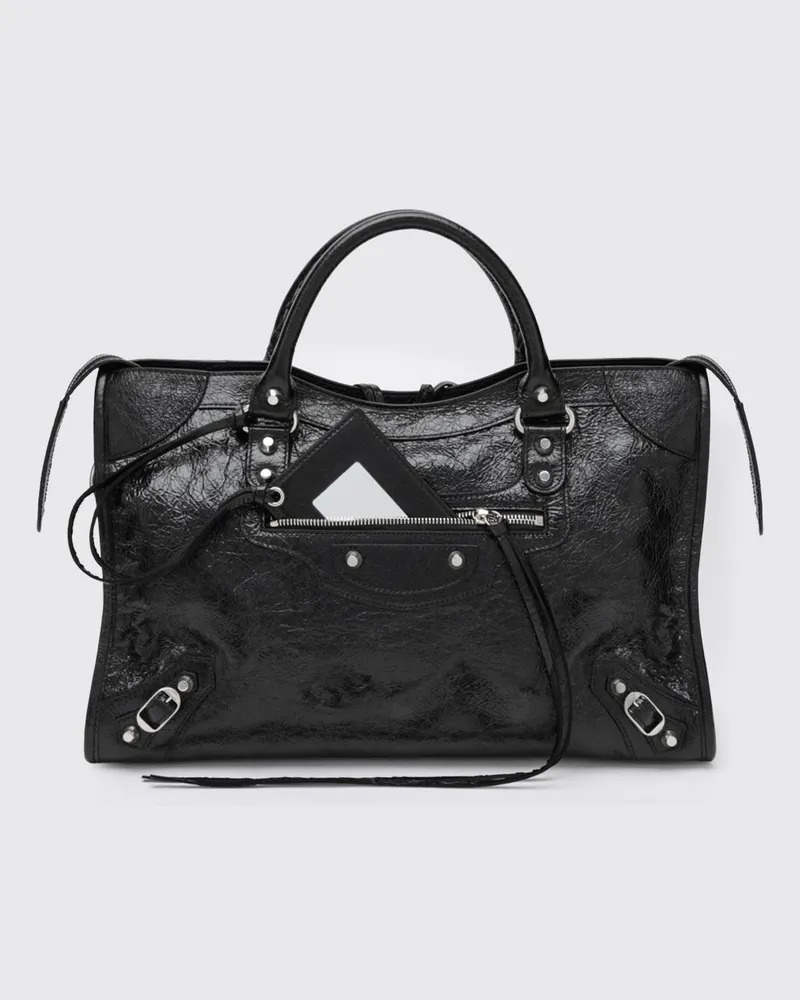 Balenciaga Mittelgroße Le City Handtasche von aus Arena-Lammleder mit Nieten Schwarz