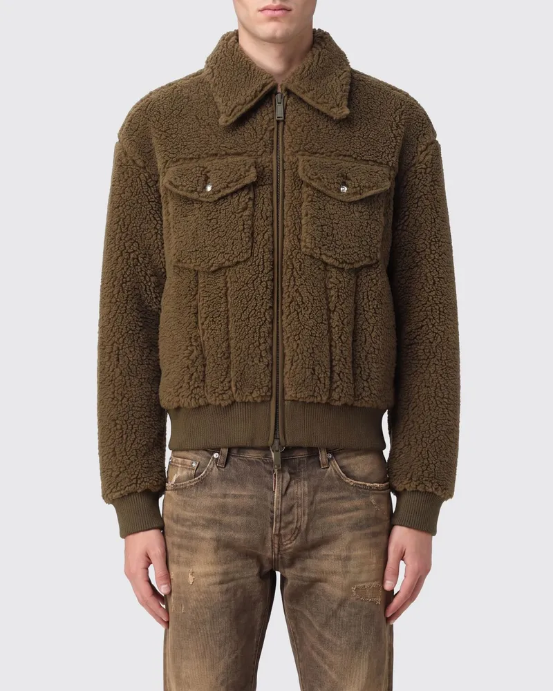 Dsquared2 Shearling-Bomberjacke mit klassischem Kragen und aufgesetzten Taschen Braun