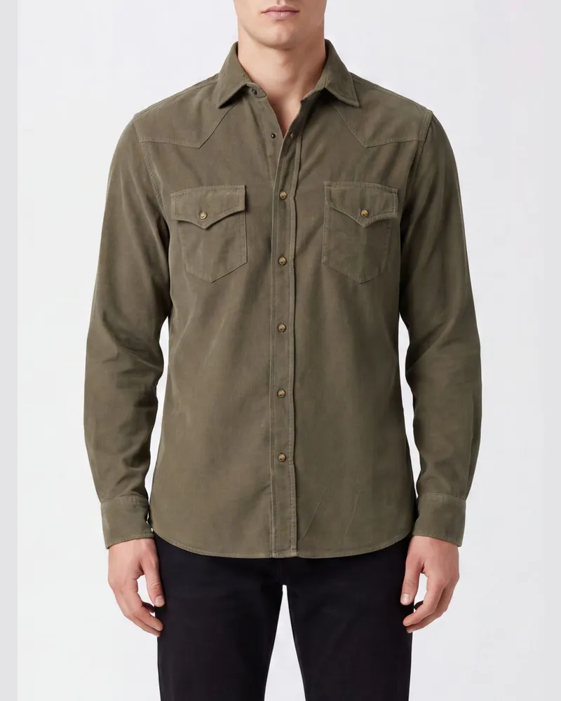 Brunello Cucinelli Slim-Fit-Samthemd mit französischem Kragen und Taschen Grün