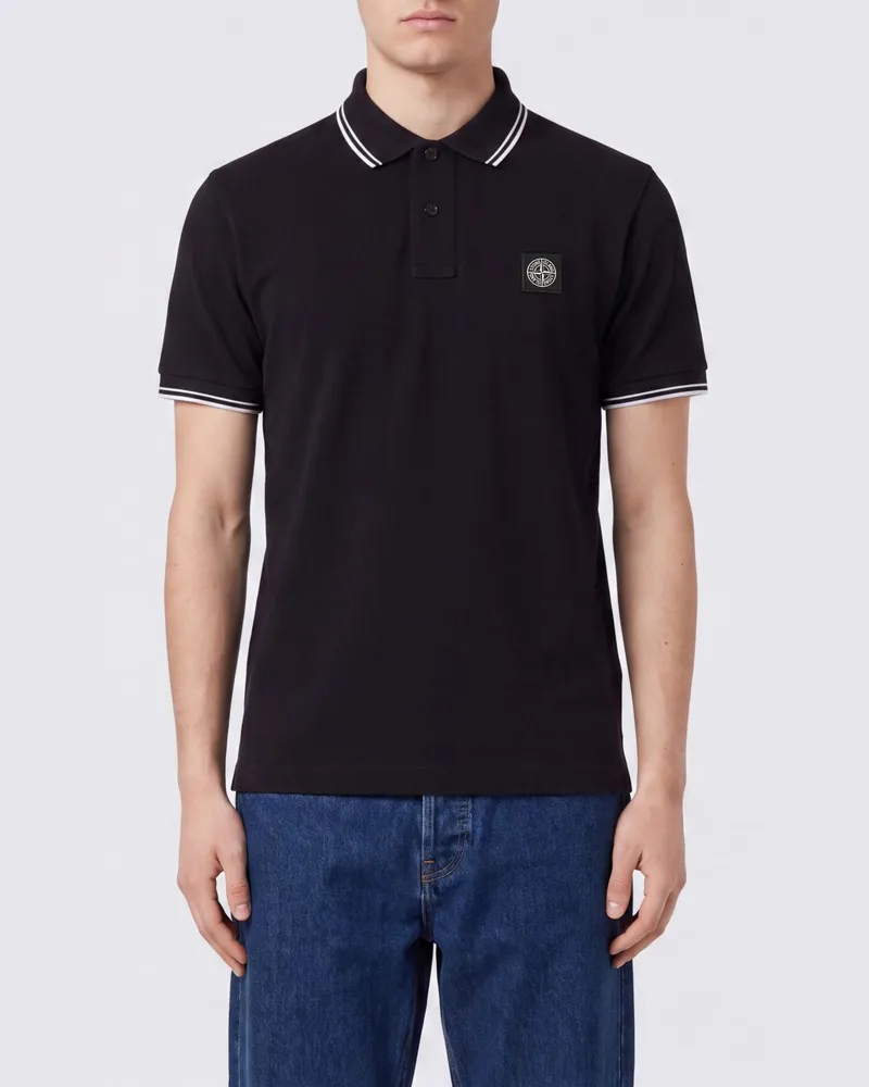 Stone Island Baumwoll-Poloshirt mit Kompass-Logo und kontrastierendem Streifenkragen Schwarz