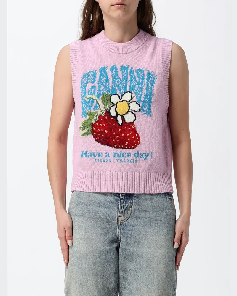 Ganni Slim Fit Strickweste aus recycelter Wollmischung mit Jacquard-Logo Pink