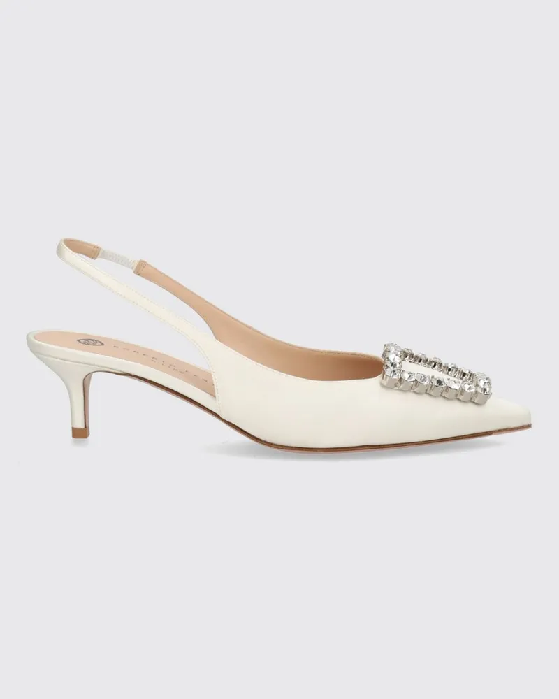 FESTA Milano Futura Bicolor-Slingback-Pumps aus Satin mit Schmuckschnalle und niedrigem Absatz Ivory