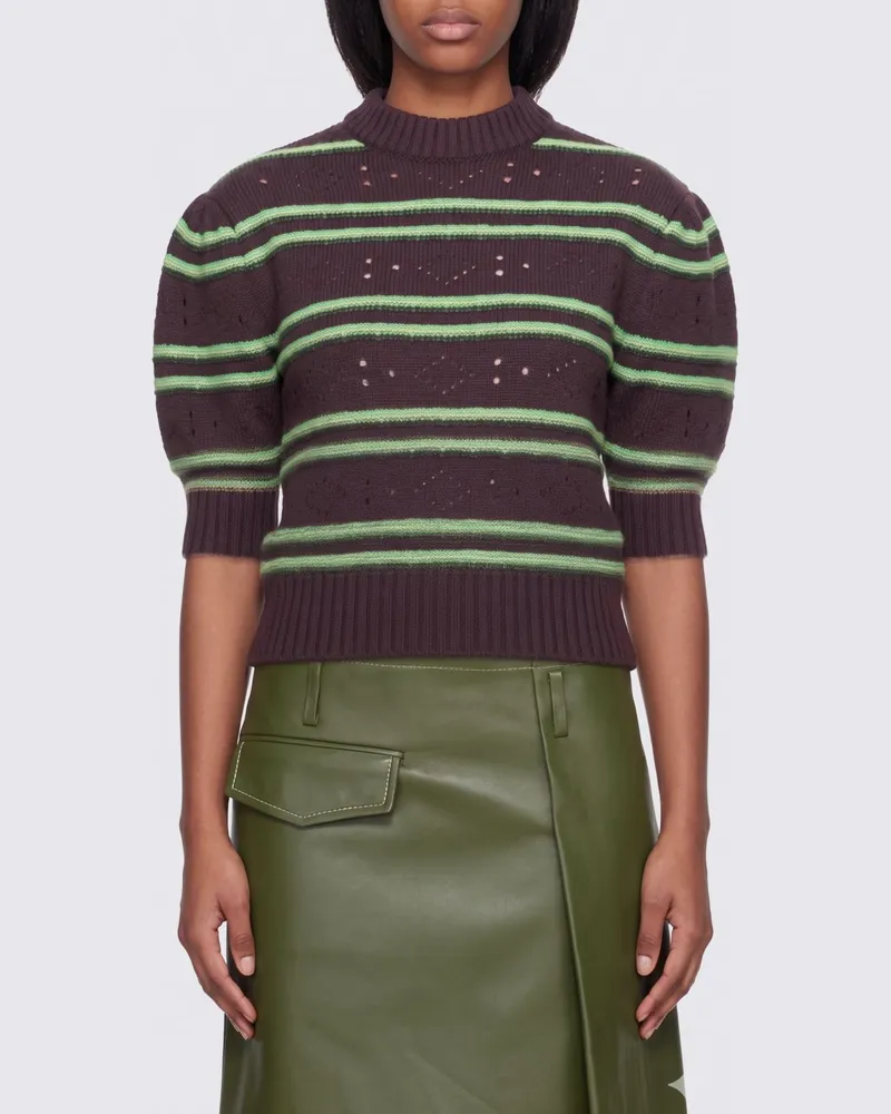 Marni Gestreifter Pullover aus reinem Kaschmir mit Puffärmeln Braun