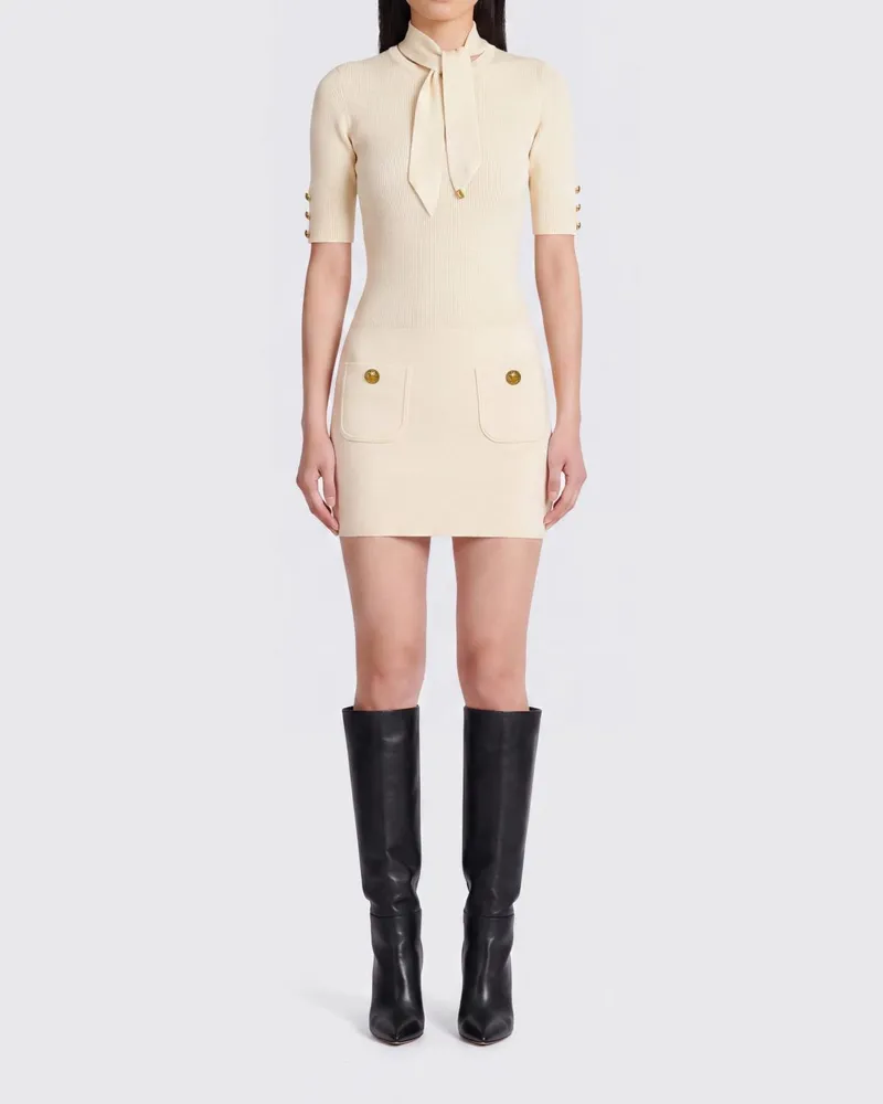 Elisabetta Franchi Strick-Minikleid mit Schluppenkragen und Taschen Weiß