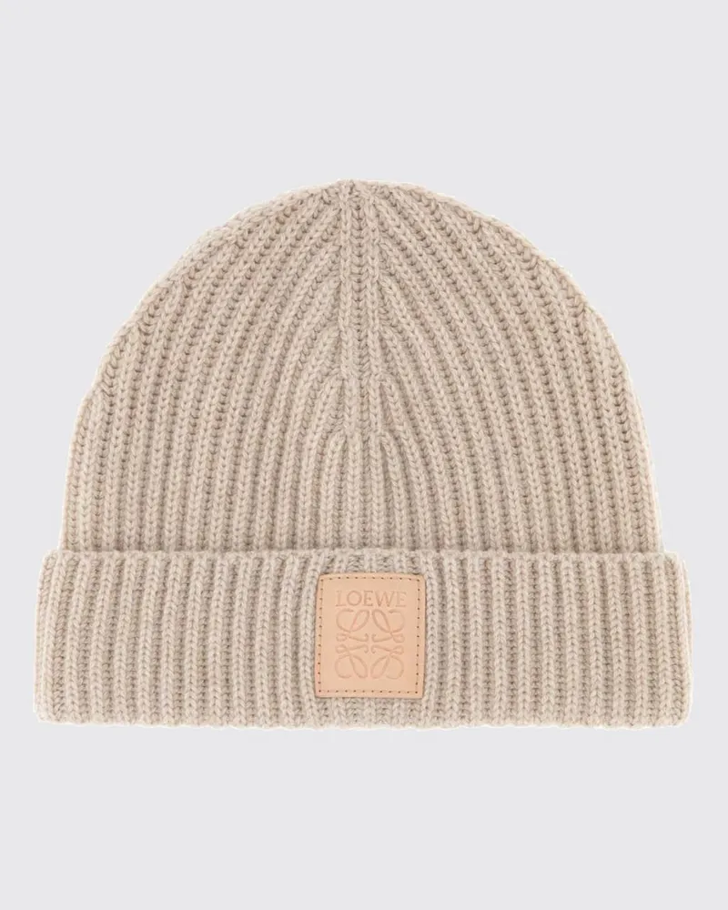 Loewe Gerippter Beanie aus reinem Kaschmir mit Umschlag und Logo-Patch Beige