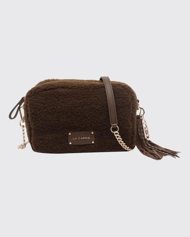 LA CARRIE Mini-Kameratasche aus Kunstpelz mit Charms und Quasten Braun