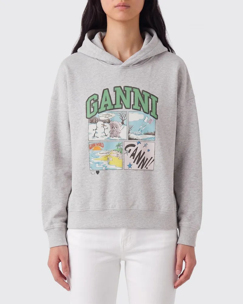 Ganni Bedruckter Baumwoll-Hoodie Grau