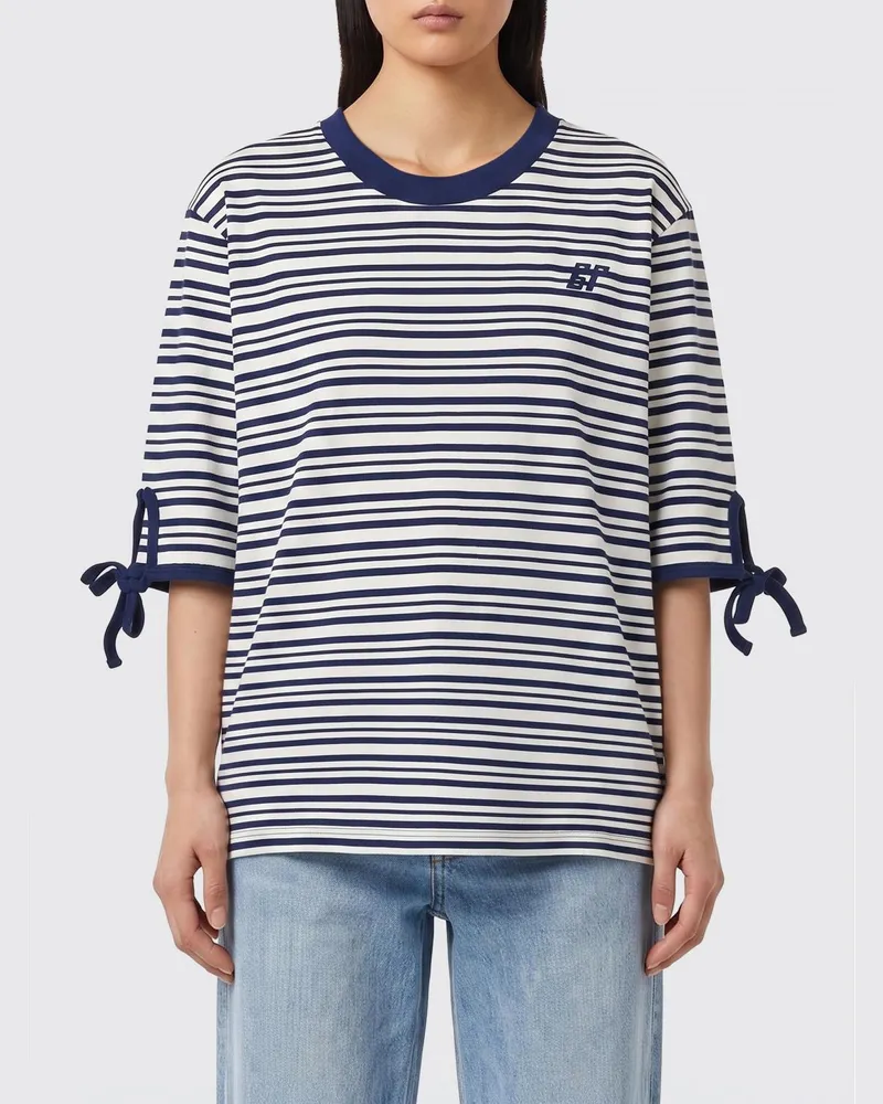 Baum und Pferdgarten Gestreiftes Baumwoll-T-Shirt mit gesticktem Logo Blau