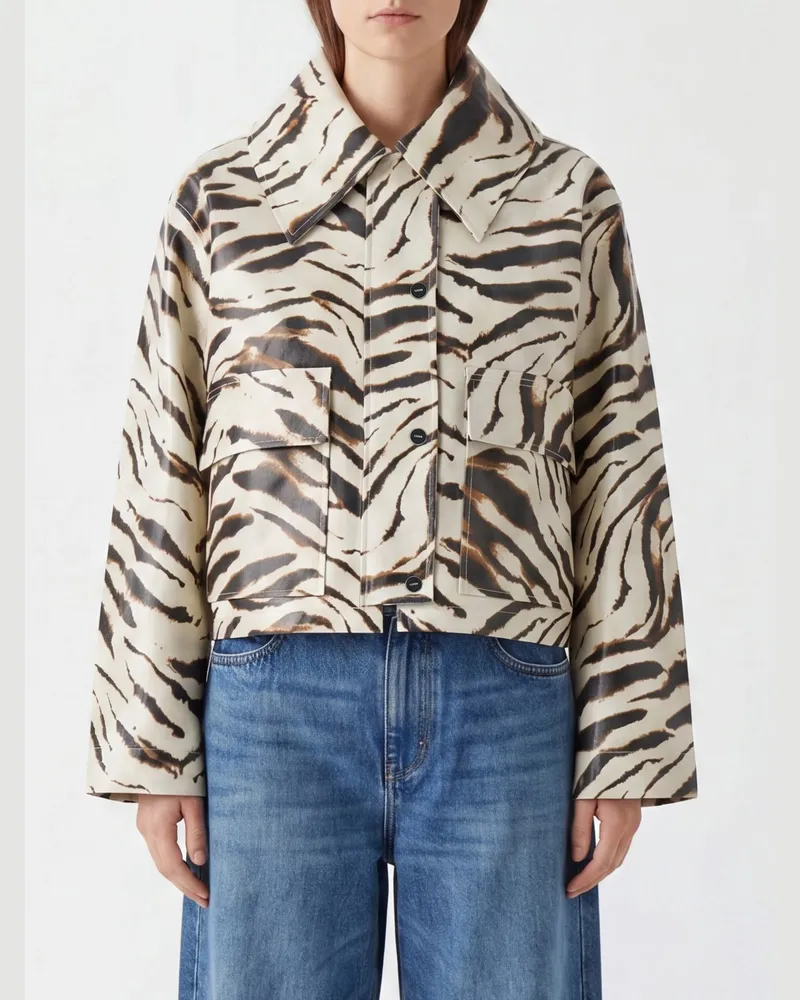 Ganni Kurze Lederjacke mit Zebra-Print, aufgesetzten Taschen und verdecktem Verschluss Bunt