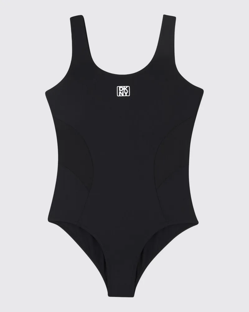 DKNY Einteiliger Badeanzug für Mädchen aus Nylon mit Kontrastlogo und U-Ausschnitt Schwarz