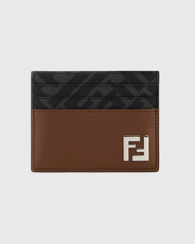 Fendi Flaches Kartenetui aus Leder und Stoff mit FF-Monogramm-Muster Sand
