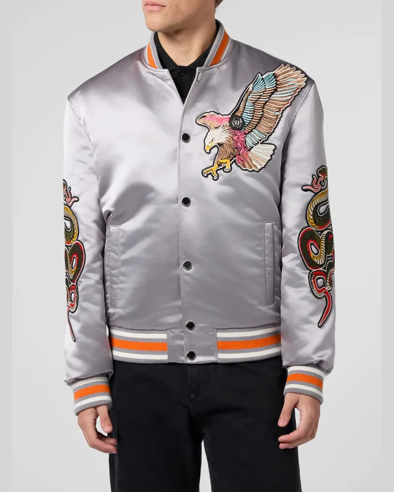 Philipp Plein Satin-Bomberjacke mit bestickten Patches und Hexagon-Logo Grau