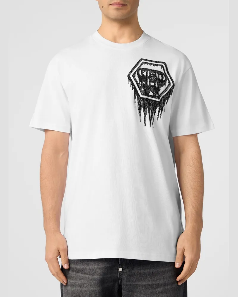 Philipp Plein Baumwoll-T-Shirt mit strassverziertem, gesticktem Hexagon-Logo Weiß