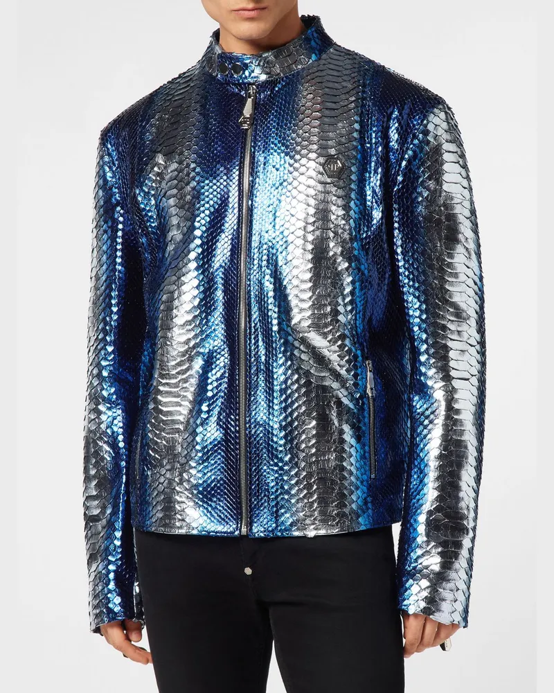 Philipp Plein Bikerjacke aus Leder mit Python-Print und Reißverschlusstaschen Türkis