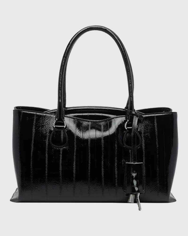 OSOI Shell Brot Schultertasche aus geprägtem Lackleder mit Schloss und Riemen Schwarz