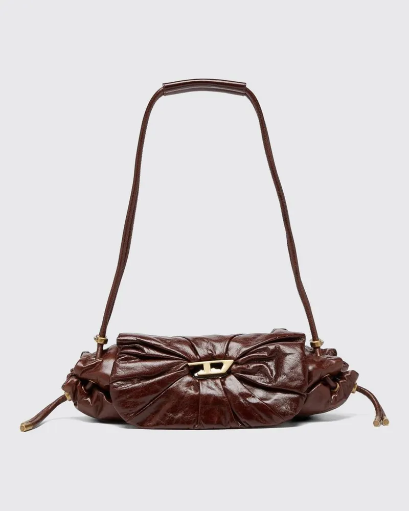 Diesel Scrunch-D Schultertasche aus gerafftem Leder mit metallischem Oval-D-Logo Burgunderrot