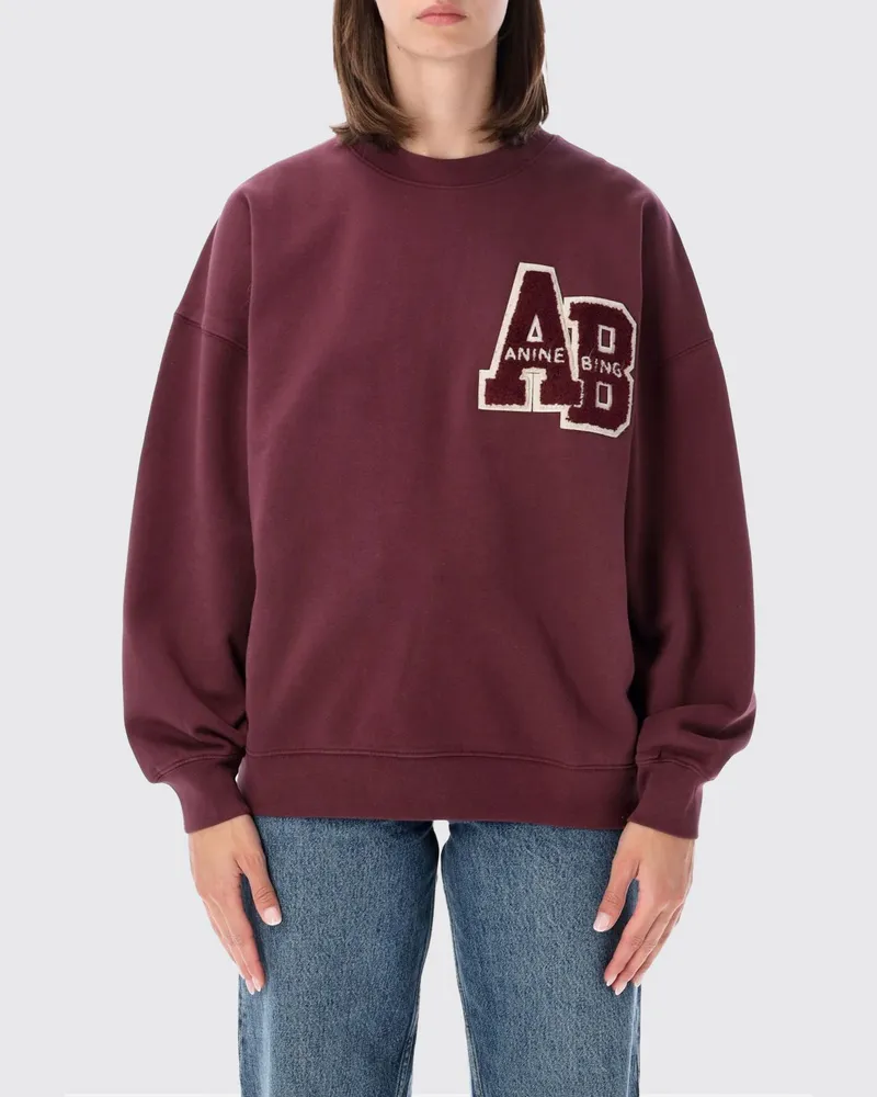 Anine Bing Baumwoll-Sweatshirt mit Rundhalsausschnitt, Logo-Patch und Relaxed Fit Burgunderrot