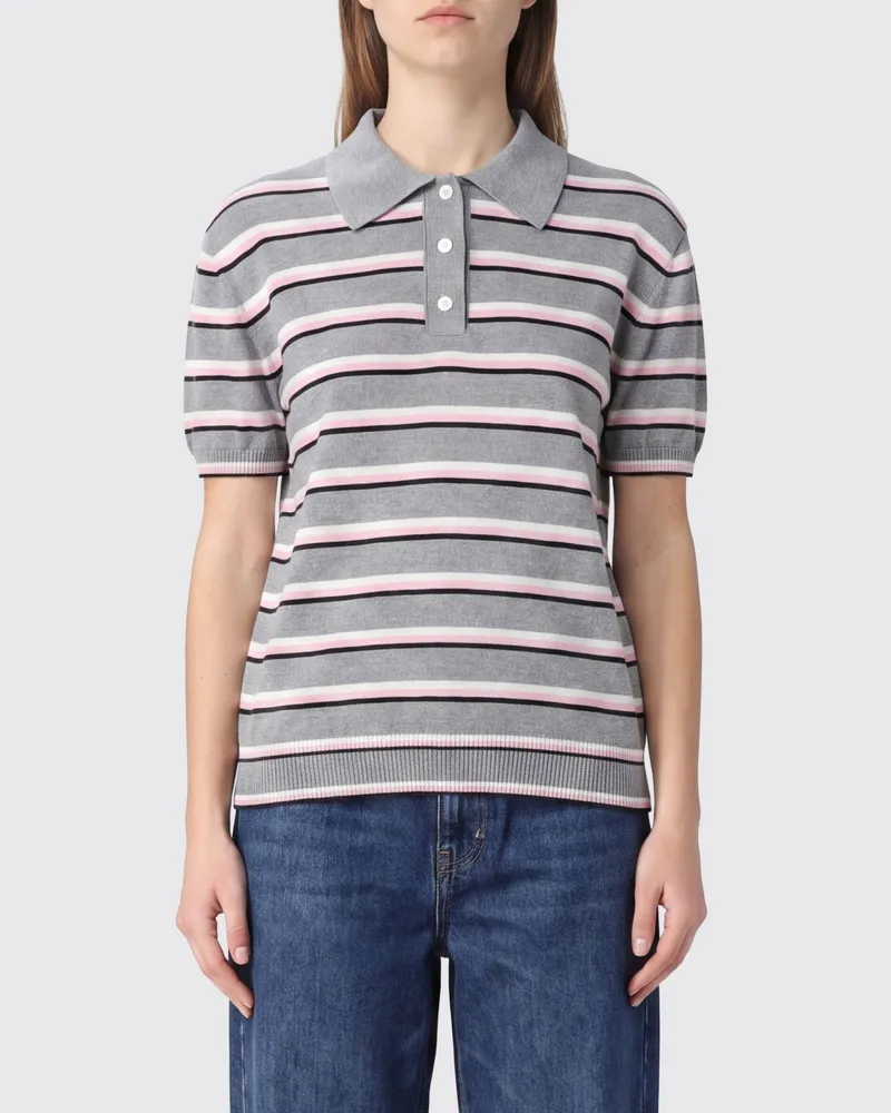 MSGM Gestreiftes Strick-Poloshirt aus Baumwolle mit überschnittenen Schultern Grau