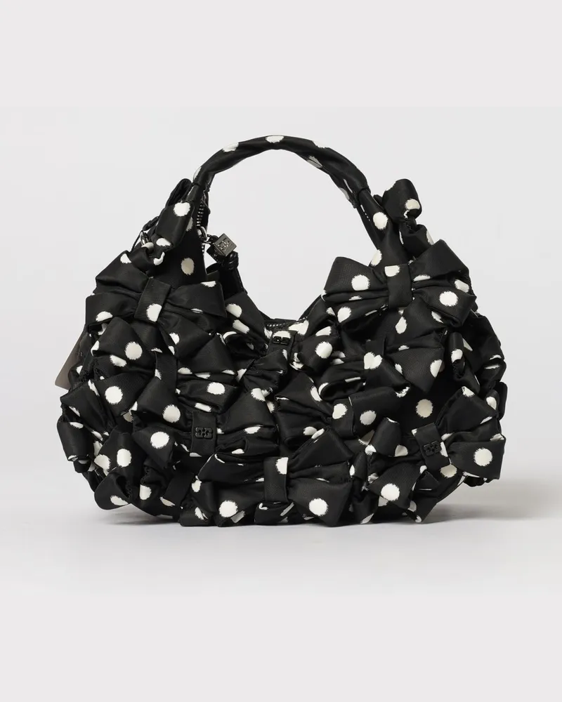 Ganni Bou Bag Tasche mit Rüschen aus gepunktetem Nylon Schwarz