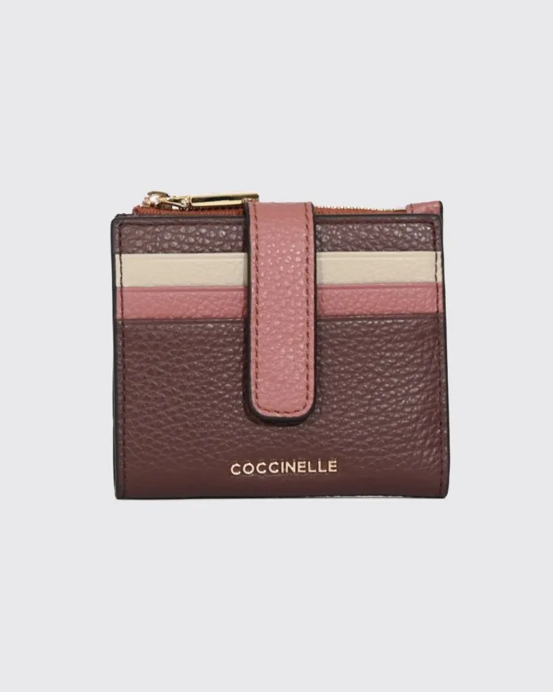 Coccinelle Bifold-Brieftasche aus genarbtem Leder mit bunten Streifen Puder