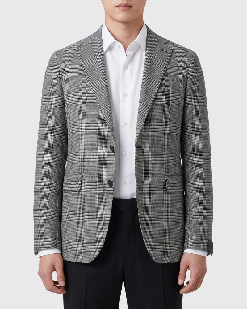 Tagliatore Einreihiger Blazer aus Leinen und Baumwolle mit Prince-of-Wales-Karomuster Grau