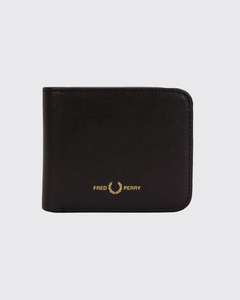 Fred Perry Schwarze Leder-Bifold-Brieftasche mit kontrastierendem Frontlogo Schwarz