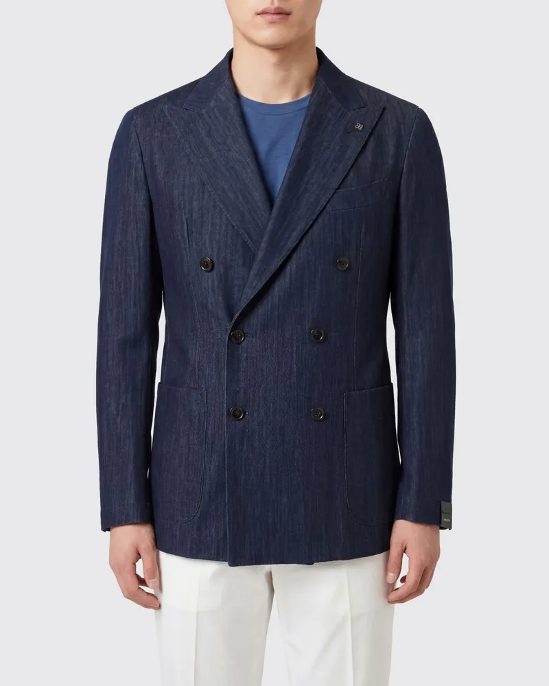Tagliatore Zweireihiger Baumwollblazer mit klassischem Revers und Rückenschlitz Blau