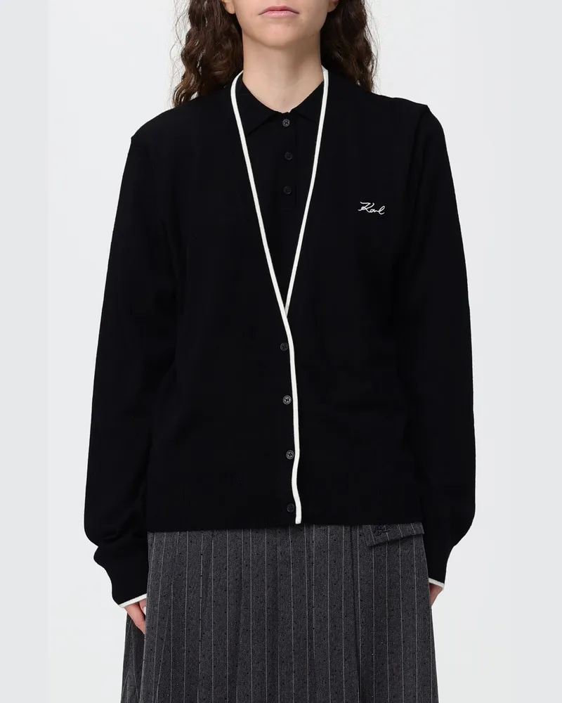 Karl Lagerfeld V-Ausschnitt-Cardigan aus 100% Merinowolle mit Kontrastbesätzen Schwarz