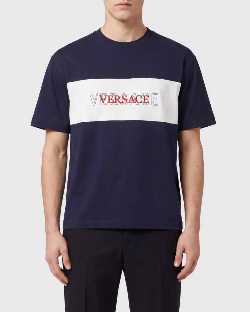 Versace Rundhals-T-Shirt aus Baumwolle mit kontrastierendem Logo Navy