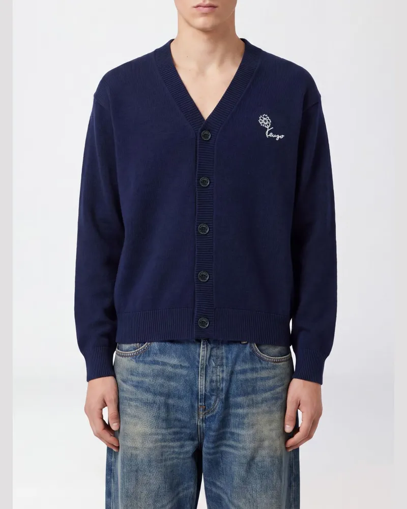 Kenzo Cardigan aus Woll-Baumwoll-Mischung mit Blumenmuster und V-Ausschnitt Blau