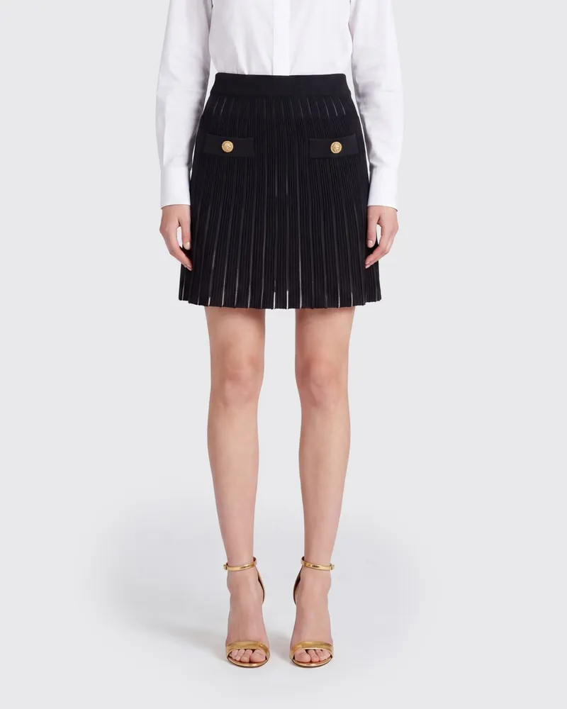 Balmain A-Linien-Minirock aus Strick mit hoher Taille und Schmuckknöpfen Schwarz