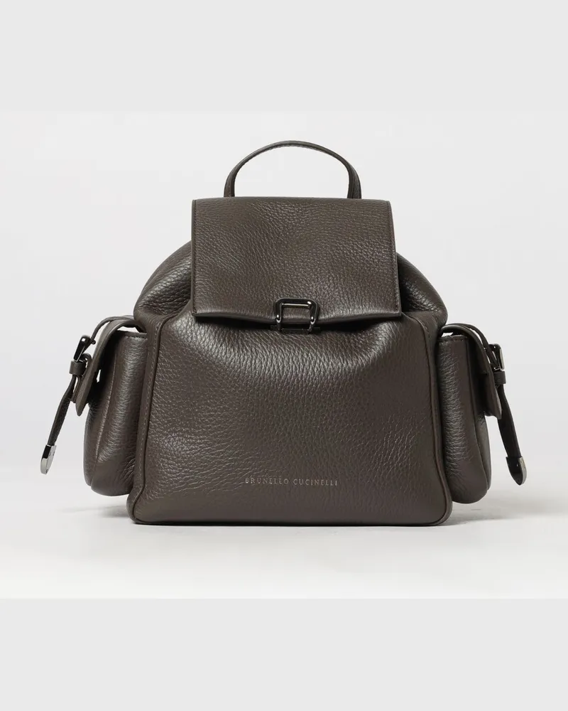 Brunello Cucinelli Utility-Rucksack aus genarbtem Leder mit Schnappverschluss Braun