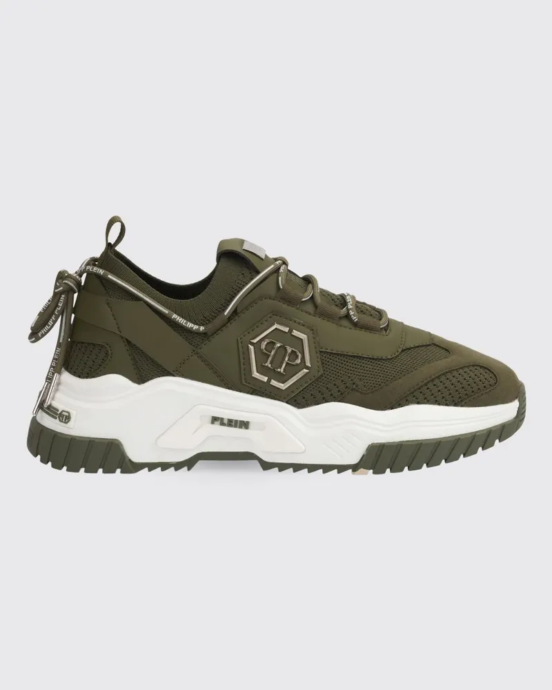 Philipp Plein Niedrige Sneakers aus Häkelstrick und Leder mit metallischem Hexagon-Logo Grün