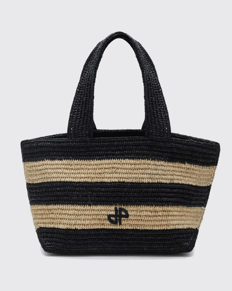 Patou Handtasche aus zweifarbig gestreiftem Bast mit gesticktem Logo Blau