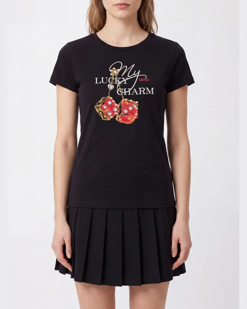 Liu Jo Slim Fit Baumwoll-T-Shirt mit Grafikdruck und Kontrastlogo Schwarz