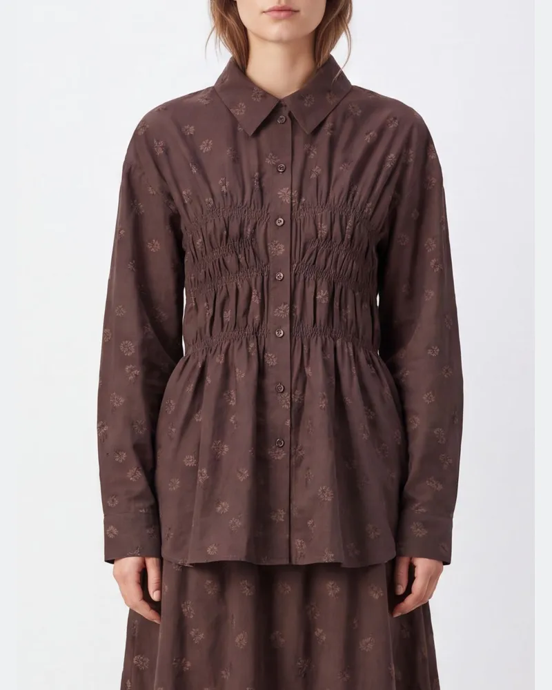 Cecilie Bahnsen Ditsy Hemd aus Baumwollmischung mit Blumendruck und geraffter Taille Braun