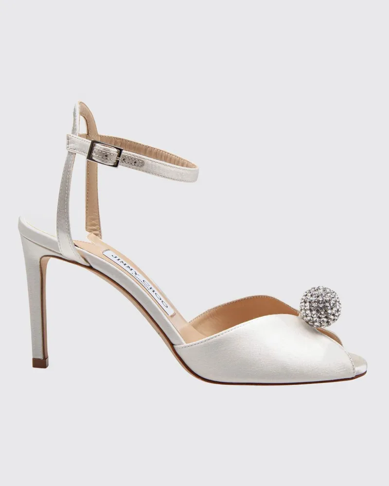 Jimmy Choo Sacora Sandalen aus Satin mit Kristallverzierung und hohem Absatz Weiß