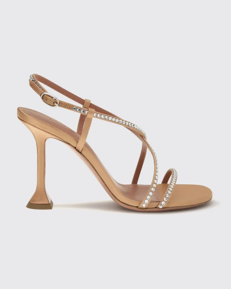 Amina Muaddi Sally Slingback-Sandalen aus Satin mit Kristallen und hohem Absatz Milch