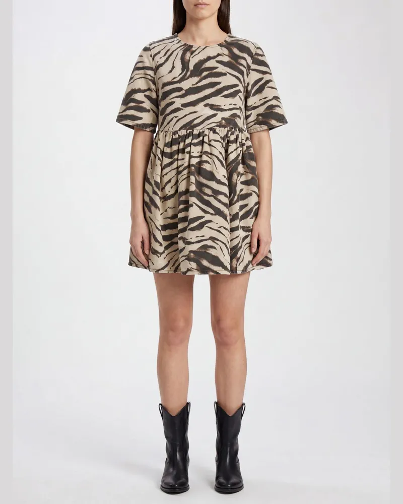 Ganni A-Linien-Minikleid aus Bio-Baumwolle mit Zebra-Print und Rundhalsausschnitt Bunt