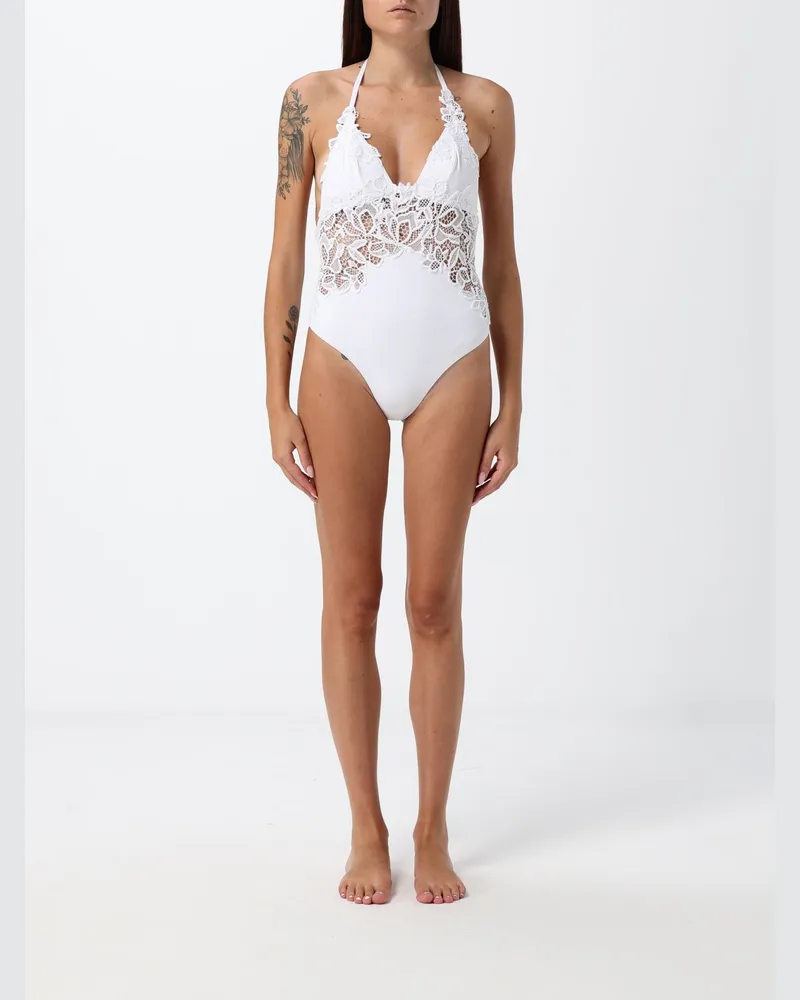 Ermanno Scervino Einteiliger Badeanzug von mit Neckholder und Makramee-Einsätzen Weiß