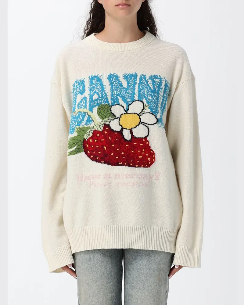 Ganni Relaxed Fit Pullover aus recycelter Wollmischung mit Jacquard-Logo Ivory